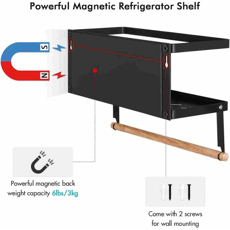 Support à épices magnétique pour réfrigérateur Porte-essuie-tout magnétique pour réfrigérateur Tablette magnétique Tablettes magnétiques 2 crochets Organisateur de réfrigérateur Support à épices