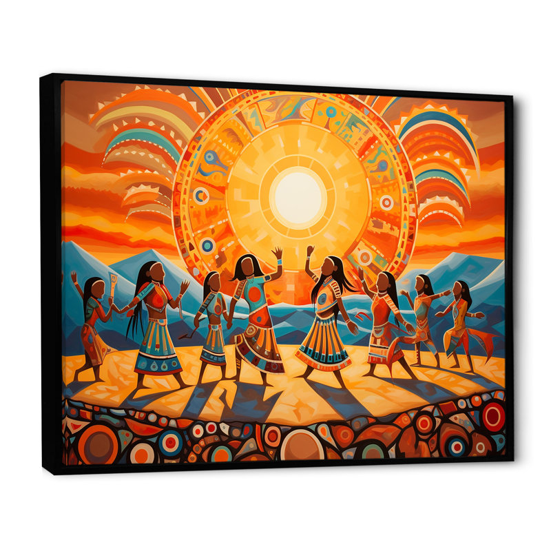 Danse amérindienne du soleil, impression sur toile, Cadre flottant noir, H 30 po x l 40 po x P 1,5 po