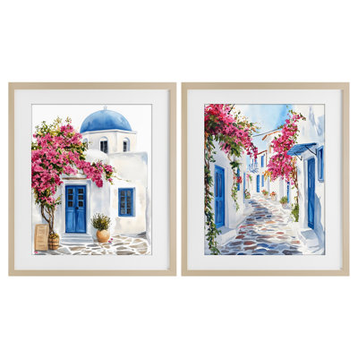 Santorini House with Pink Tree, ensemble de 2 reproductions encadrées sous verre, design par LSR Design Studio