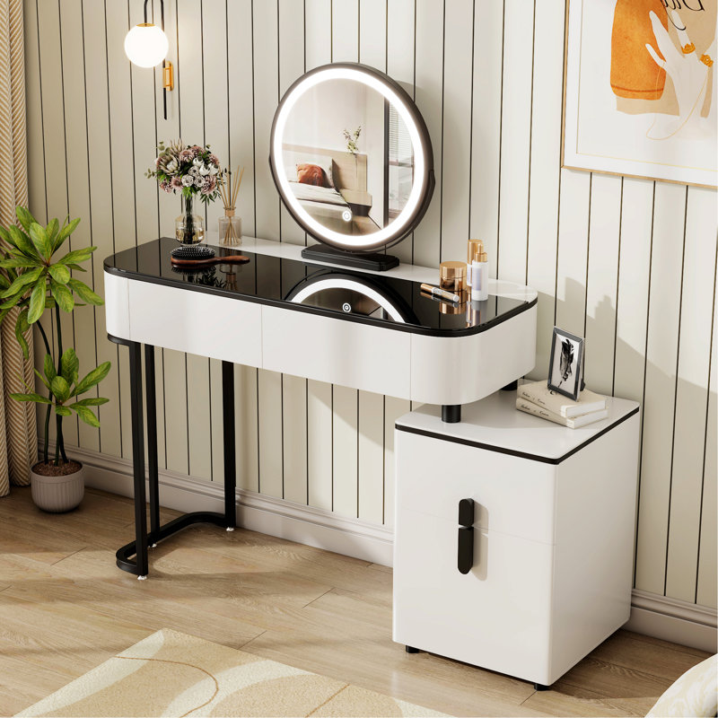 Modern Vanity Table With Tempered Glass Top, Adjustable Height Legs, And Round Mirror