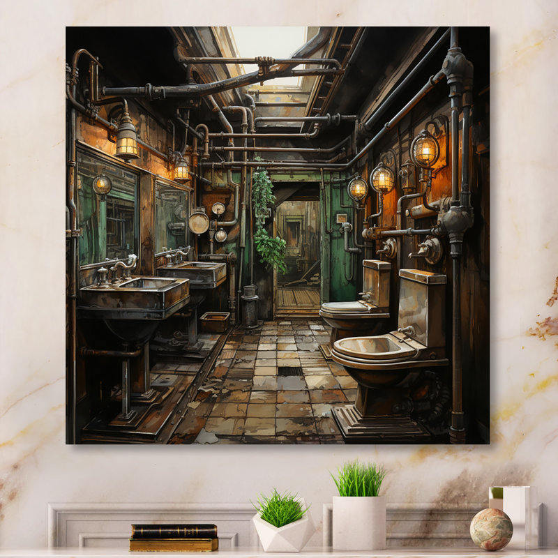 Toilette Elegance Industrial Mixed I - Impression sur métal pour salle de bain et de lessive, H 16 po x l 16 po x P 1 po