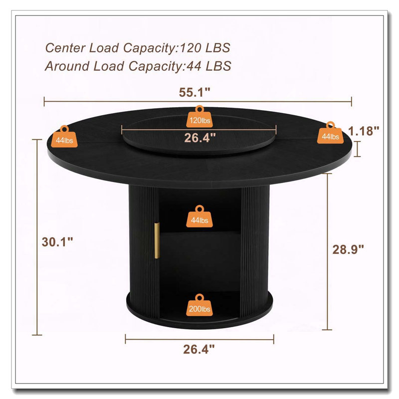 Table de salle à manger 55 po avec plateau tournant double et support de rangement double 55 po, Black