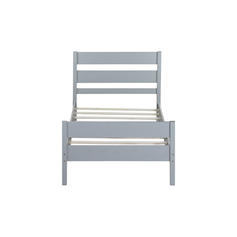 Lit simple avec tête et pied de lit, structure en bois d'hévéa massif, design minimaliste avec rangement, gris, Gris