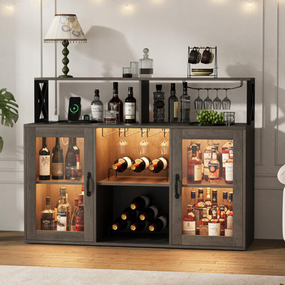 Armoire à vin multifonctionnelle avec éclairage à DEL, supports à vin, rangement en verre, support électrique et rangement pour outils pour la cuisine ou la salle à manger