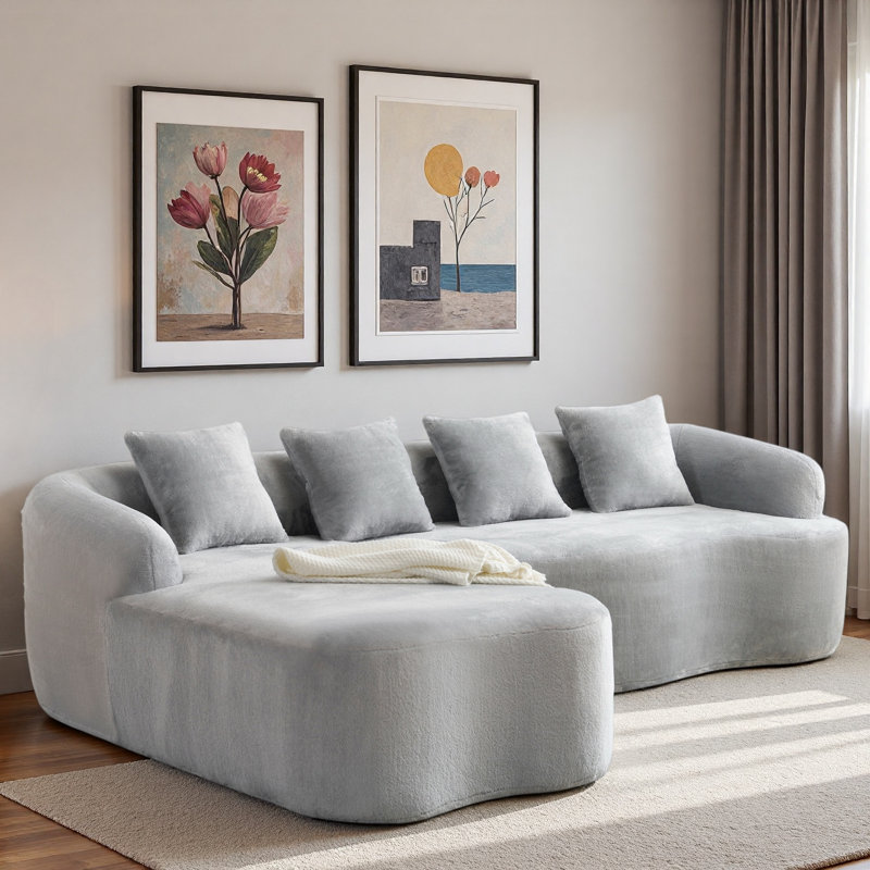 Canapé modulaire en L en chenille à compression complète avec méridienne courbée et coussins, Tissu gris