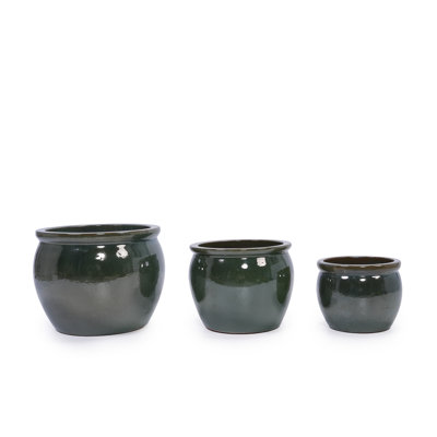 Round Modern Ceramic Outdoor Planter&Antique Blue Green Flowerpot(Set Of 3)
