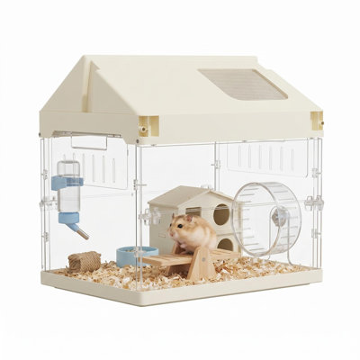 6-in-1 Acrylic Hamster Cage Starter Kit - Large Small Animal Habitat with Platform, Wheel, Water Bottle, Hideout & Bowl - Chew-Proof Cage for Guinea Pig, Chinchilla, Gerbil, Hedgehog