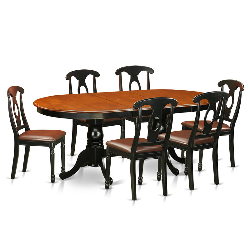 Ensemble de table de salle à manger 7 pièces composé d'une table de salle à manger ovale avec rallonge papillon et 6 chaises de salle à manger en similicuir, noir et cerise