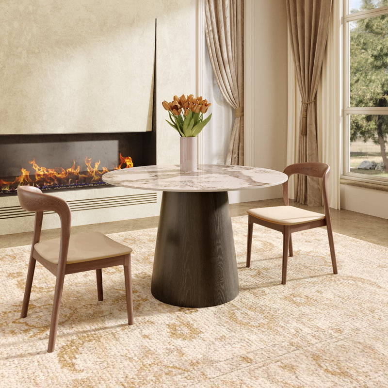 3Pcs Modern Sintered Stone 47" Dining Round Table With Elegant Curved Chairs, Amber, 3 Pieces: Table, 2 Chairs, Black