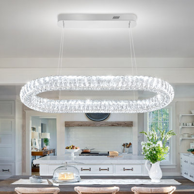 Lustre ovale linéaire moderne en argent de 32 pouces avec lustre élégant en cristal pour salle à manger, îlot de cuisine, couloir et salle de bain