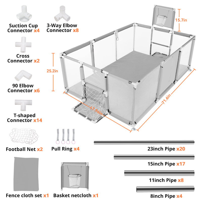 71"x48" Baby Playpen Sturdy Safety Play Yard Activity Center with Basketball Hoop and Football Net, Light Gray