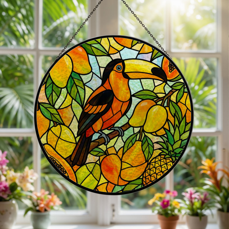 7.8"H Toucan Fruit Stained Glass Window Panel, 7.8" H x 7.8" W