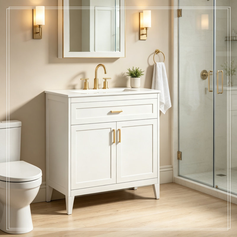 Meuble-lavabo de salle de bain avec comptoir de lavabo, portes doubles à fermeture en douceur et tiroir basculant, Blanc
