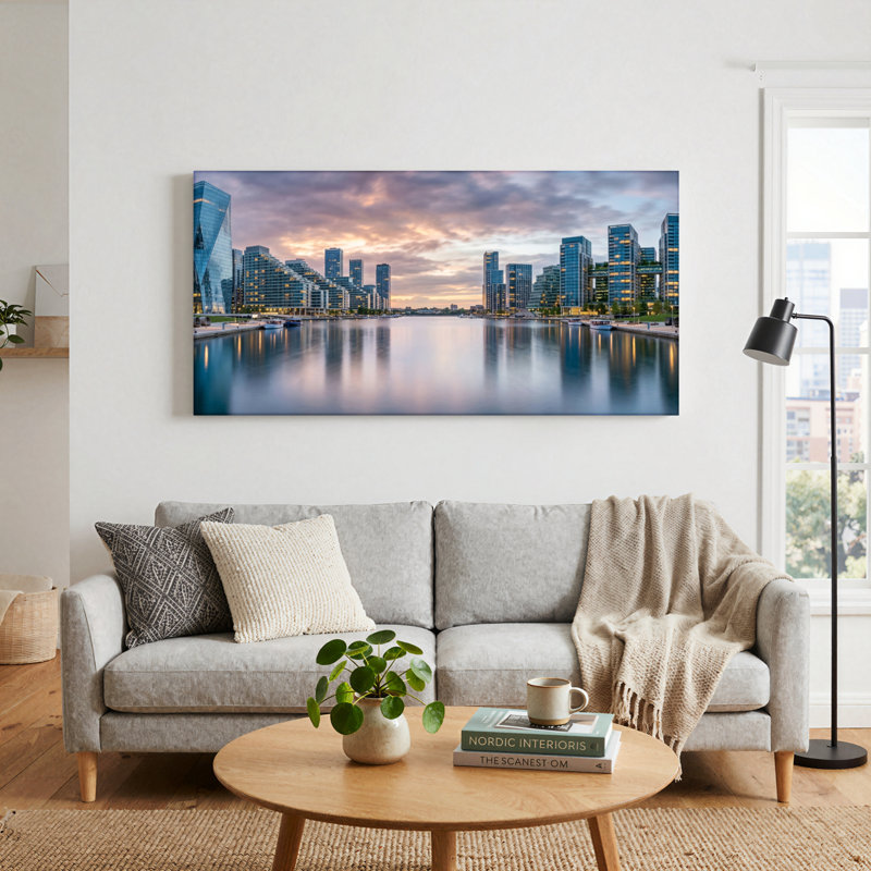 Ensemble de 1 tableau sur toile représentant la silhouette de la ville, L 32 po x H 16 po, Toile tendue