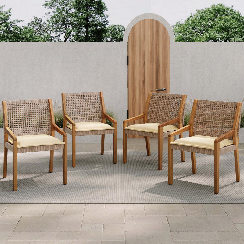 Ensemble de 4 chaises d'extérieur avec coussin en bois d'acacia, osier et crème