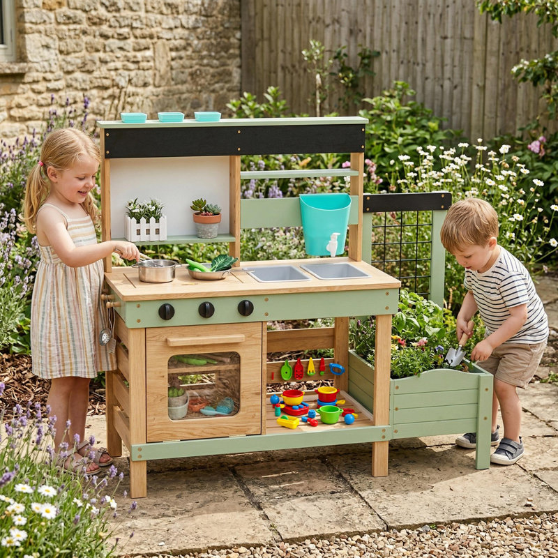 Kids Wooden Outdoor Mud Kitchen Playset With Plant Growing Box, Removable Sink, Oven, Stove & Kitchen Accessories, Pretend Play Kitchen For Backyard And Garden