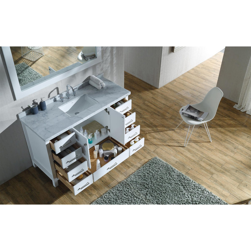 Cambridge 55'' Single Bathroom Vanity with Top, White / Brushed Nickel, Rectangular