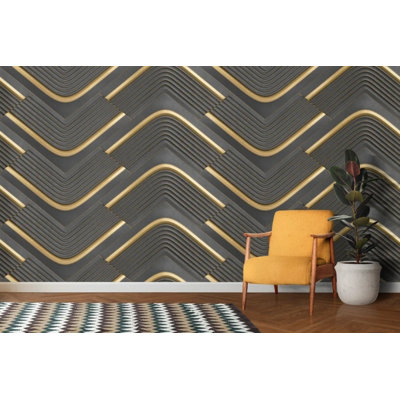 3D Wave Chevron Wallpaper – Layered Zigzag Relief Pattern in Charcoal Gray and Gold
