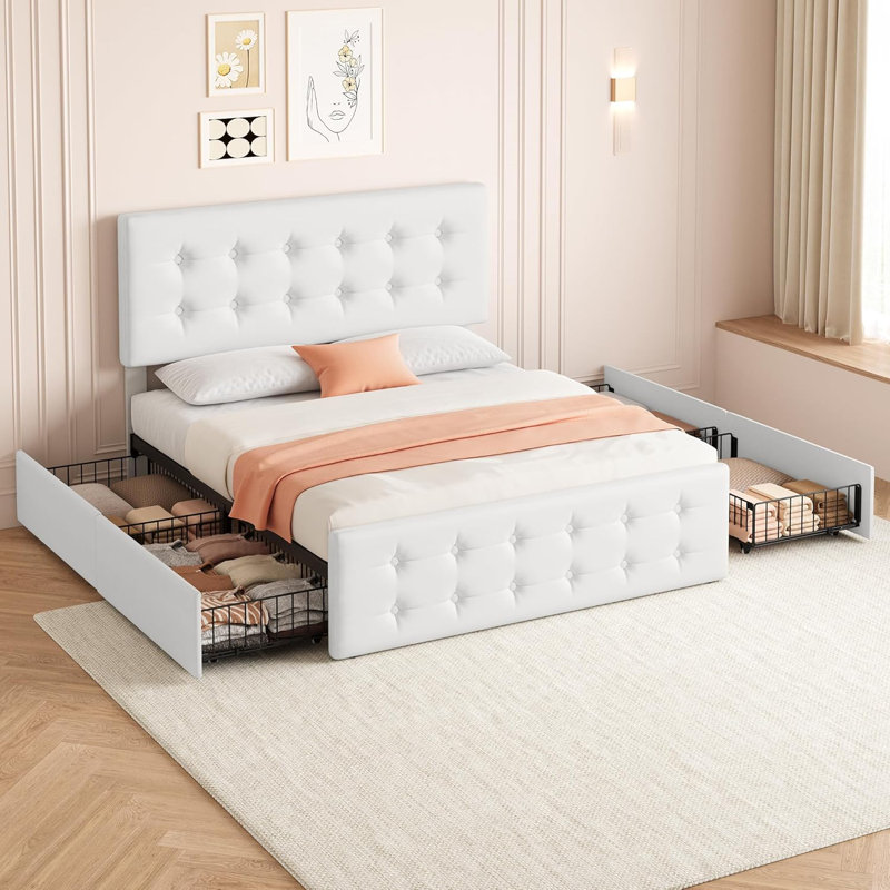 Grand lit de rangement en cuir avec 4 tiroirs, tête de lit ajustable, blanc, Blanc, Grand lit