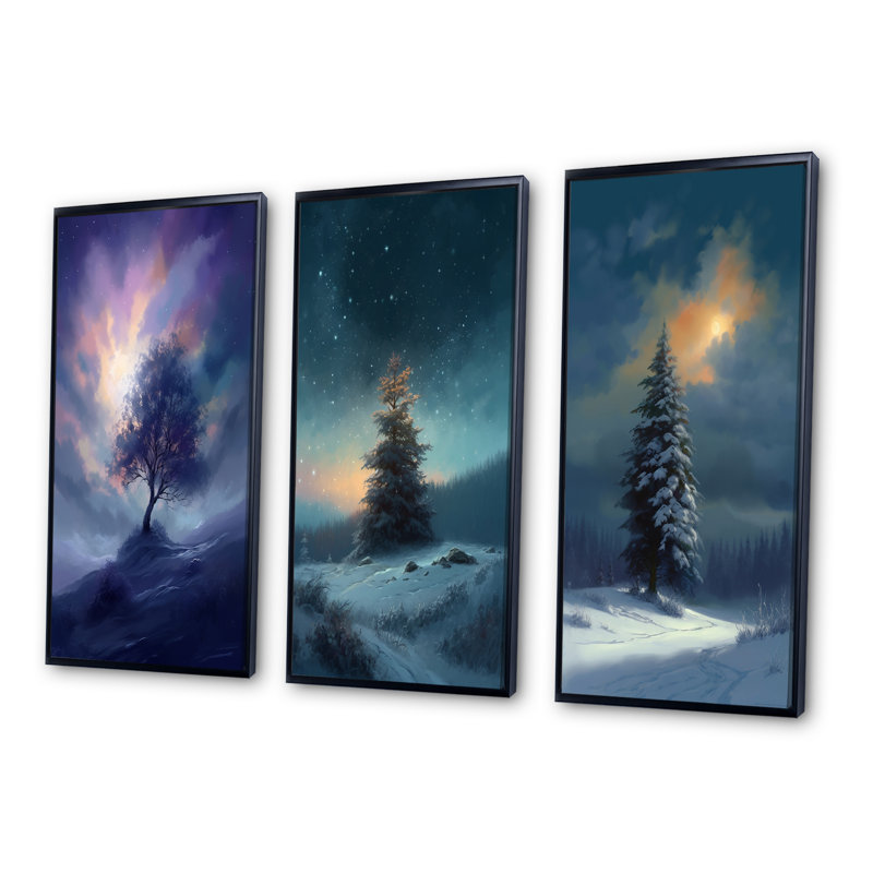 «Snowy Serenity Pinetree», 3 pièces sur toile, H 32 po x l 48 po, Cadre flottant noir