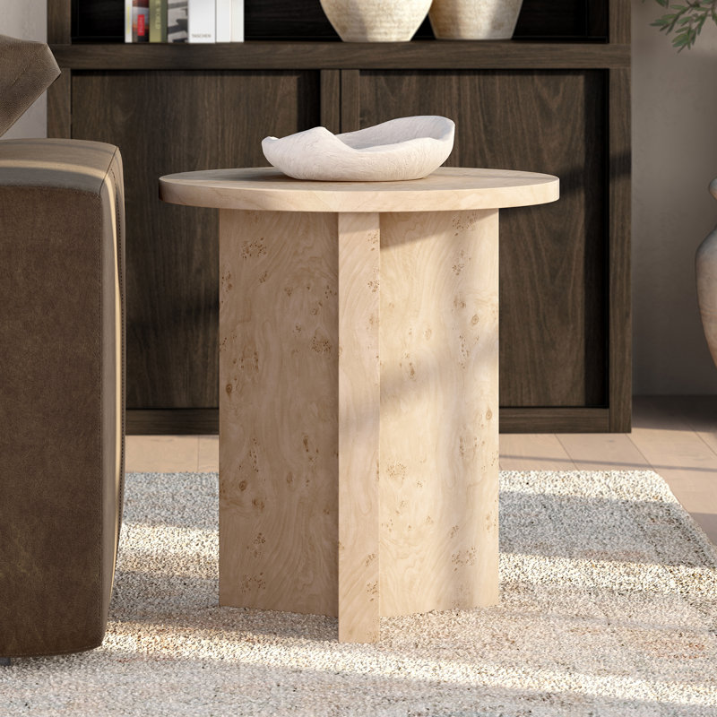 Potbelly 20" Round Side Table with Cross Base in Blonde Burl | Mid-Century Modern Accent Table for Living Room or Bedroom