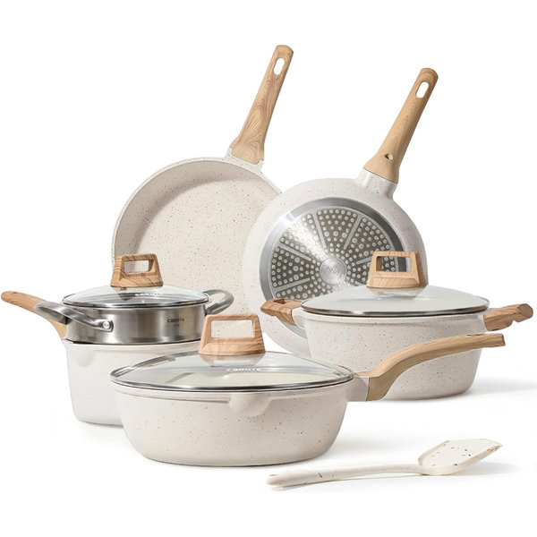 CAROTE Pots and Pans Set Nonstick, White Granite Induction Kitchen Cookware  Sets