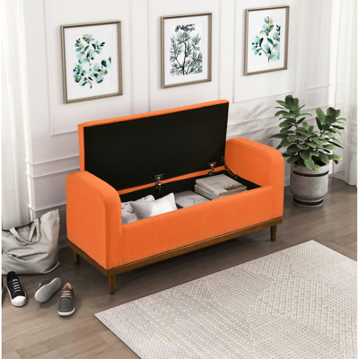 Banc de rangement à plateau relevable pour chambre à coucher de style Mid-Century moderne, tissu texturé orange, bois massif noyer moderne avec revêtement, structure