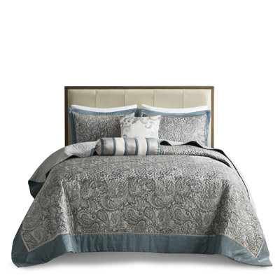 Queen Bedspread - 5 Pieces With Throw Pillows Teal Color 100% , Cotton Fill Fascinating Solid Design Size Piece Fine Grey Piping