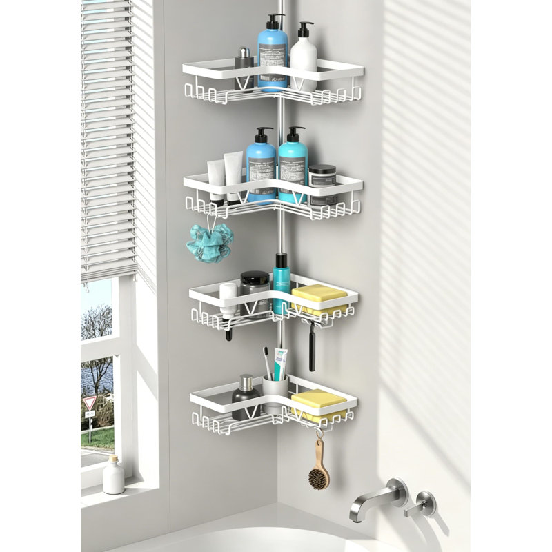 Rangement de poteau de douche pour coin de douche - Organisateur de salle de bain en acier inoxydable avec tablettes à 4 niveaux, finition blanche résistante à la rouille, réglable 22-114,2 po, installation sans perceuse