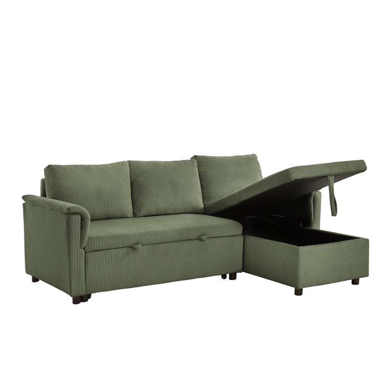 Mara Corduroy Tufted Sectional Sofa with Pull-Out Bed & Pillows, Green Corduroy