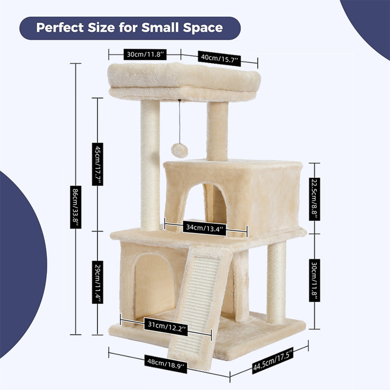 33 Inches Cat Tower with Dual Condos for Indoor Cats, Plush Cat House with Padded Perch, Scratching Ramp and Posts，Beige
