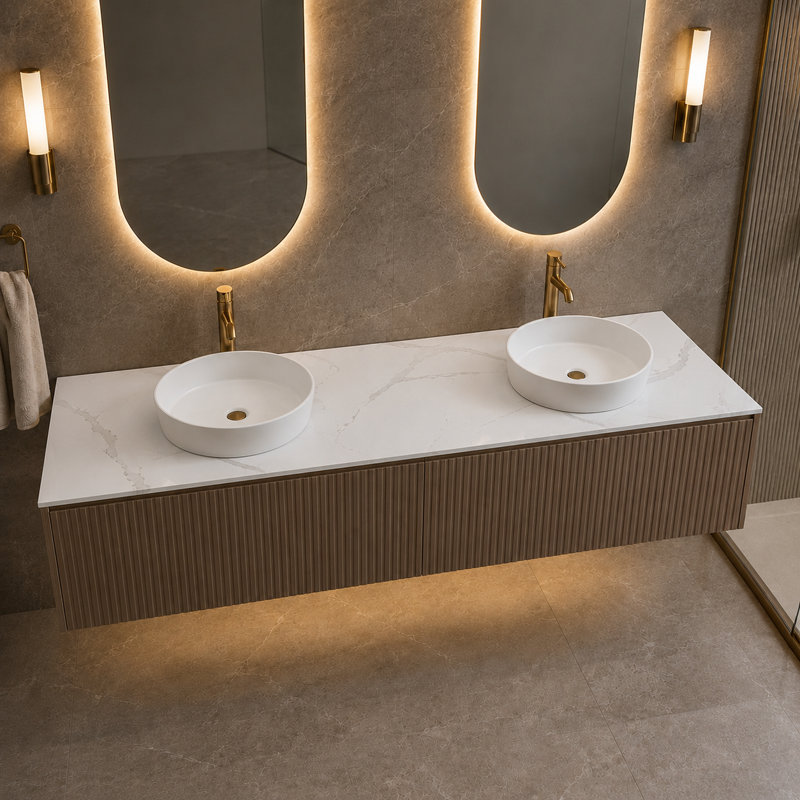 Modern 60" Solid Surface Bathroom Vanity Top for Vessel Sink - White Marble Design