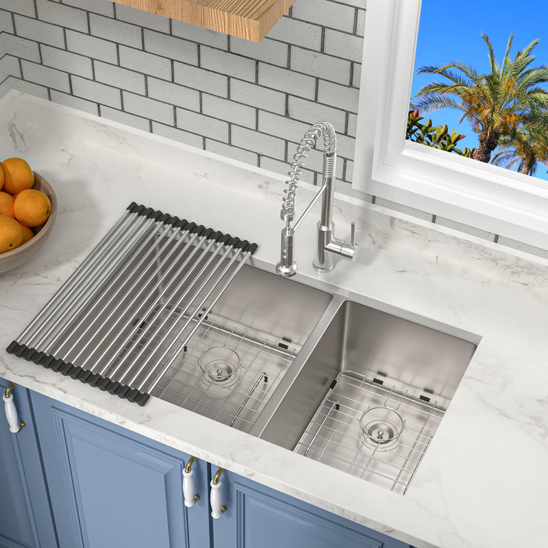 33" L x 19" W 60/40 Double Bowl Stainless Steel Undermount Kitchen Sink with Accessories