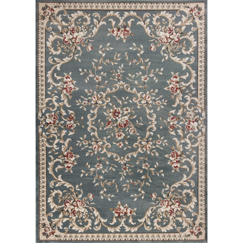 Tapis d'intérieur à bordure de vigne à motif floral bleu ardoise Hadiya, Rectangle 3 pi 3 po x 5 pi 3 po