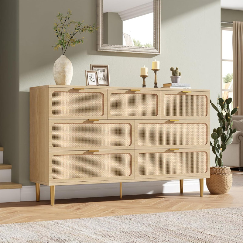 Rattan Dresser with 7 Drawers, Tall Modern Closet with Deep Storage, Wooden Dresser for Bedroom, Living Room, Hallway, Brown
