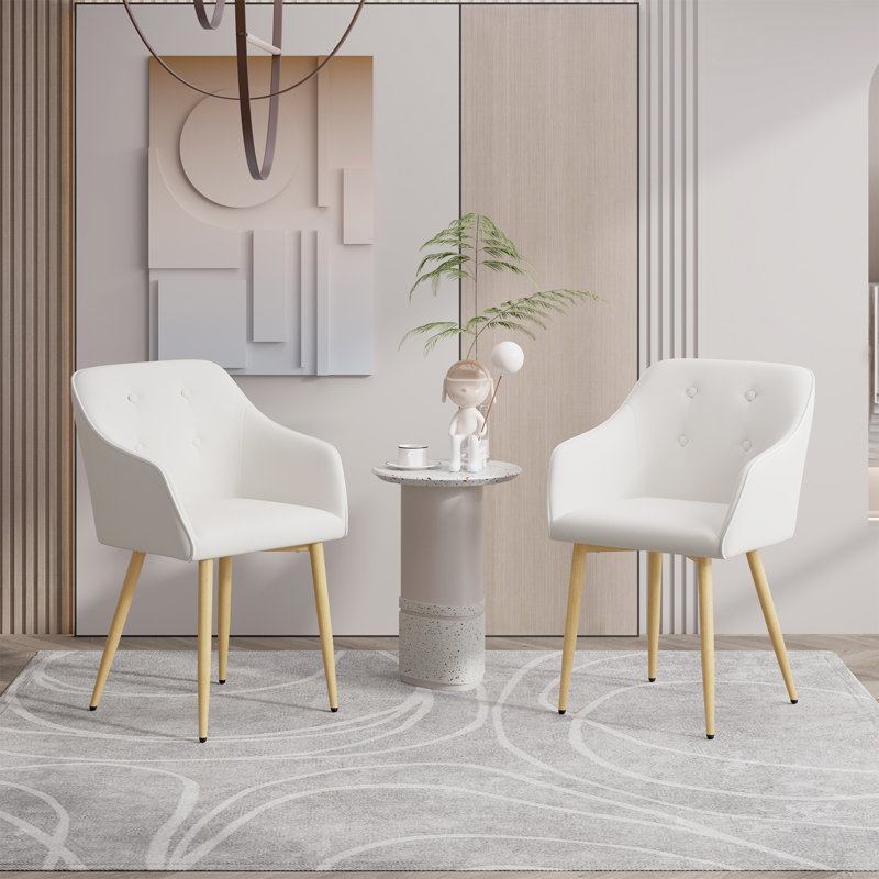 Mid-Century Modern Dining Chair With Wood Finished Metal Legs, 2-Pcs Set, White