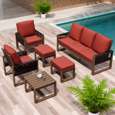 Ensemble de conversation 6 pièces avec canapé en bois massif et assise en cèdre