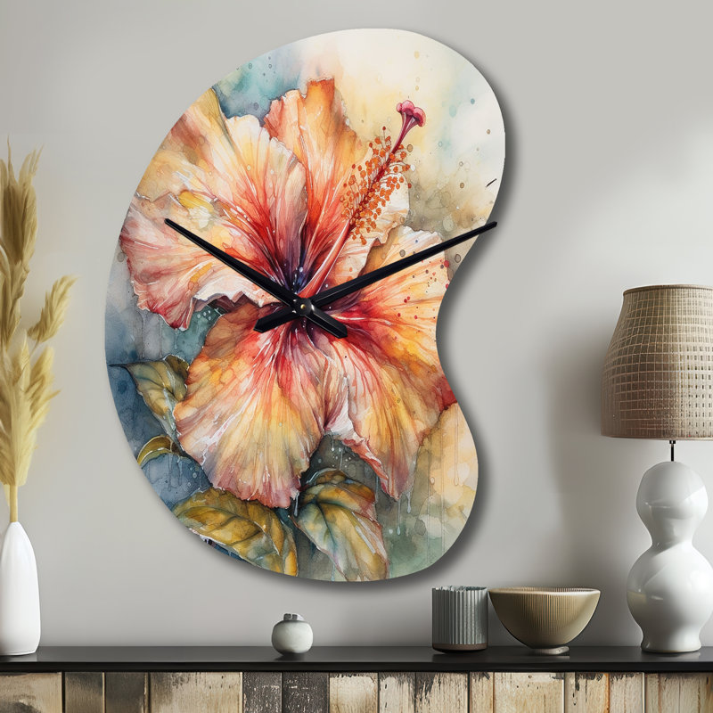 Orange Grey Hibiscus Euphoria II - Unique Shape Traditional Metal Wall Clock, Orange Wall Clock Print, Petit