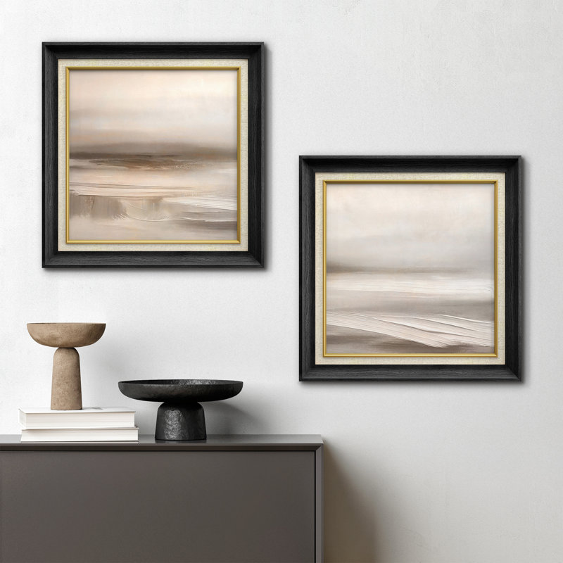 Warm Neutral Beige Soft Abstract Landscape Wall Decor Set Framed Master Bedroom Wall Art Work 2 Pieces Print, 26" H x 26" W