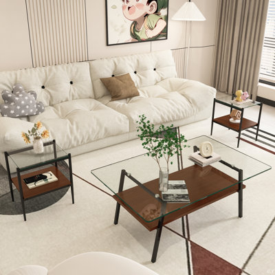 Coffee Table And End Tables Set Of 3, Tempered Glass Table With MDF Layer, Modern Tables For Living Room
