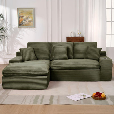 98.4" Corduroy Upholstered Modular Sofa, Compression Foam Bonless Sofa & Chaise with Cupholder and Side Pocket