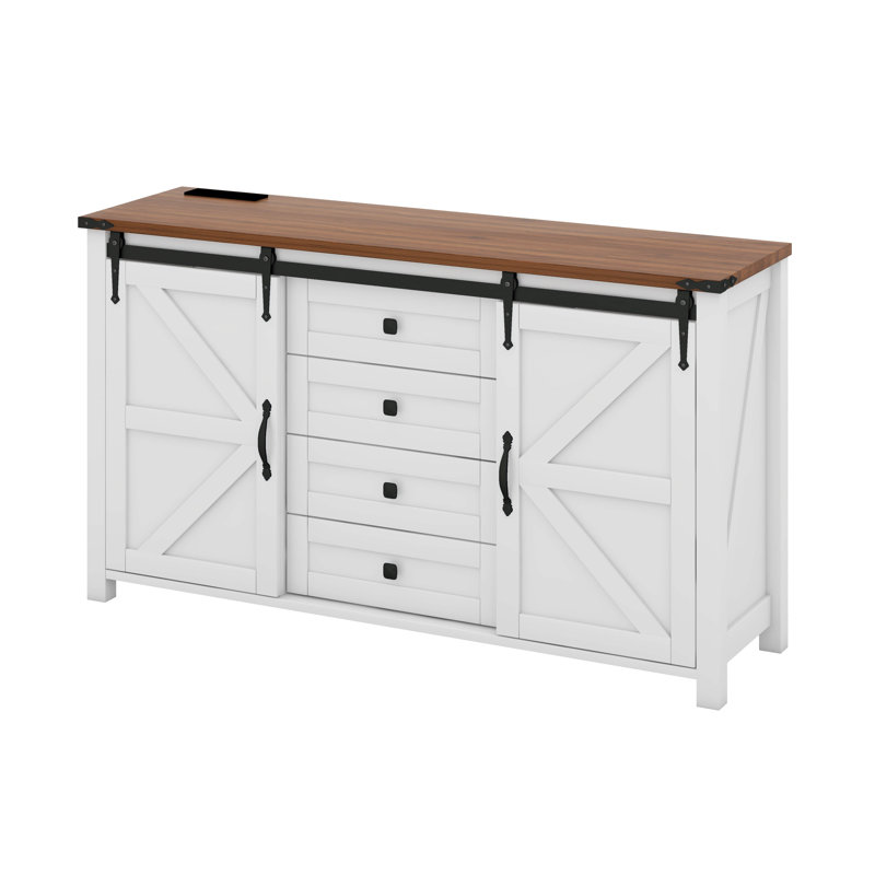 Buffet Farmhouse avec rangement, buffet avec tablettes et porte de grange coulissante, Blanc