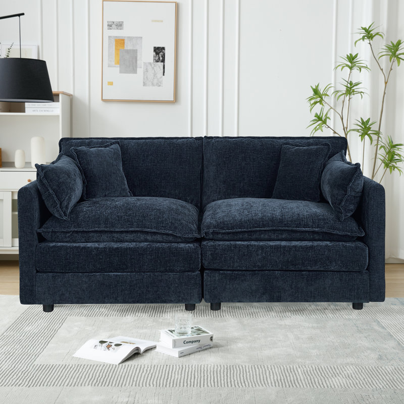 Modern Chenille Sofa Upholstered Couch, 33.85" H x 77.16" W x 35.82" D, Blue, 2