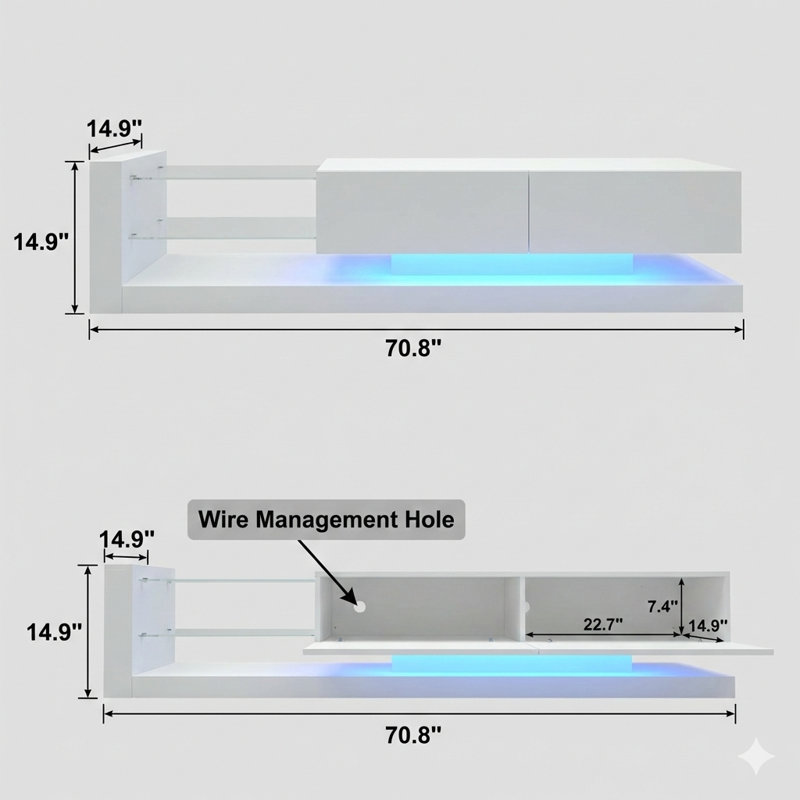 Meuble audio-vidéo moderne blanc avec armoires de rangement, avec une bande lumineuse à DEL RVB complète avec 31 modes contrôlables par télécommande. Conçu pour les téléviseurs de 75 pouces.
