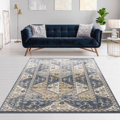 Tapis traditionnel en polypropylène, à poils moyens, crème bleu pâle, tapis décoratif tissé à la machine - et bordure à carreaux crème, 100% polypropylène, convient aux endroits très passants, facile à nettoyer