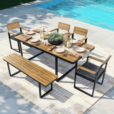 6-Piece Acacia Wood Outdoor Dining Set, Space-Saving Patio Conversation Sets with 4 Chairs & 1 Bench, Umbrella Hole, Weather-Resistant Cushions, for Backyard Garden