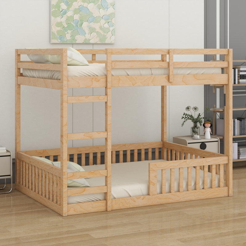 Lit superposé en bois avec échelle et garde-corps, Naturel