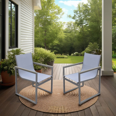 Herra Outdoor Patio Dining Chair In Gray Powder Coated Finish With Gray Sling Textilene And Gray Wood Accent Arms - Set Of 2, Chair