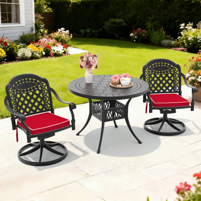 Ensemble de salle à manger bistro 3 pièces en fonte d'aluminium, table ronde de 100 cm et 2 chaises pivotantes avec coussins rouges