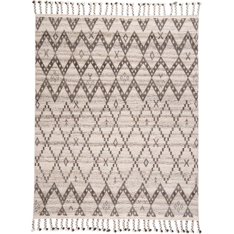 Masham Geometric Hand-Knotted Wool/Cotton Stone Area Rug, Rectangle 9'6" x 13'6"